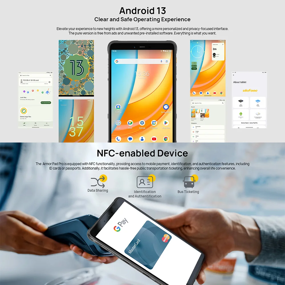 Ulefone Armor Pad Pro,16 Гб+128 Гб,NFC Rugged Tablet,7650 мАч,IP68/IP69K,Stereo Dual Speakers,32MP Camera,8.0 Inch HD+Display 5