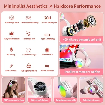 Cute Cat Ear RGB Wireless Headphones, Bluetooth 5.4, 350mAh Battery, 20H Playtime, Foldable Over-Ear Headset with Mic, HiFi Soun 6