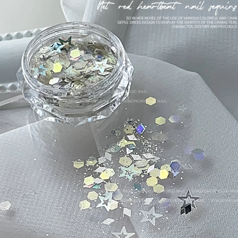 레이저 하트 별 모양 네일 스팽글 3D 글리터 플레이크 팔레트 키트, 네일 아트 장식, 매력 매니큐어 네일 액세서리