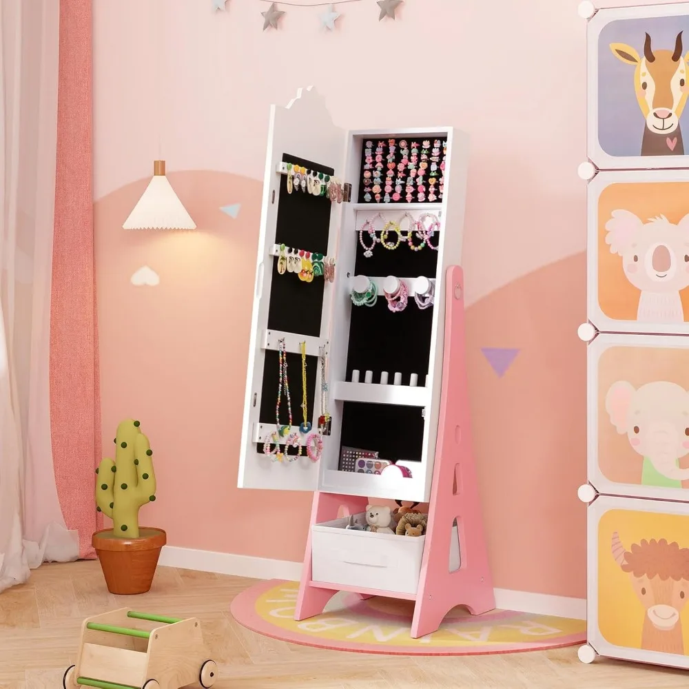 Kids Jewelry Armoire Cabinet, 43.5" Standing Wooden Standing Jewelry Organizer with Full-length Mirror and Storage Drawers 3