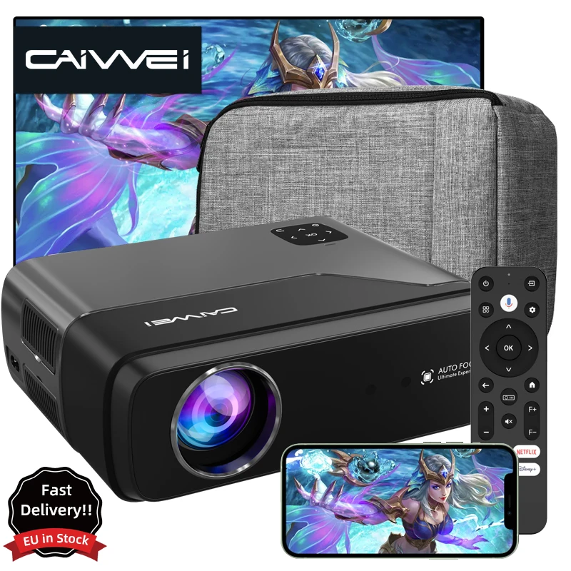 CAIWEI A8 Full HD 1080P Portable Projector 4k Google TV Auto Focus Home Theater WiFi 6 Dolby Audio Smart for Outdoor