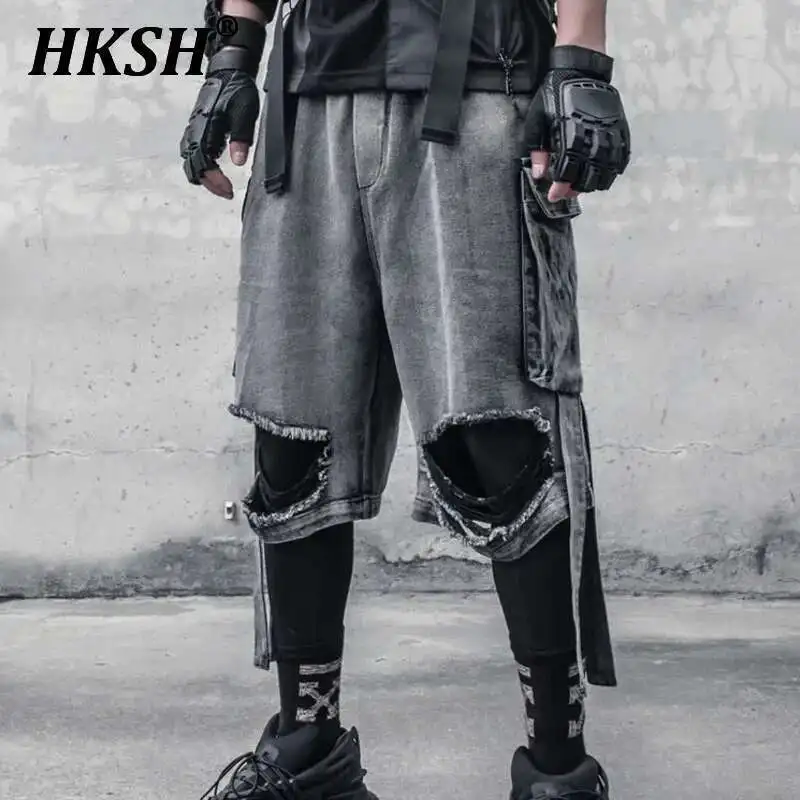 HKSH Niche Design Vintage Jeans Spring Summer High Street Tactical Large Pockets Half Length Denim Pants Washing Chic HK1078
