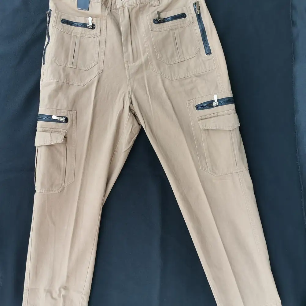 Men Cargo Pants Zipper Closure Men Pants Versatile Men's Streetwear Trousers Multi-pocketed Loose-fit Soft Cotton for Fall
