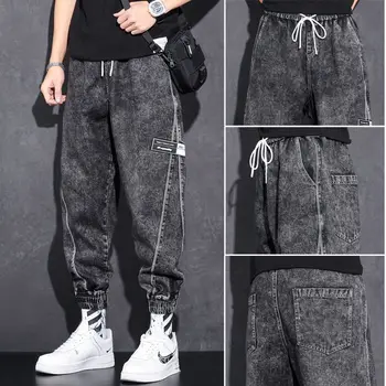 Loose Elastic Waist Denim Jeans for Men 2024 Fashion Casual Spring Workwear Foot-Tied Pants with Brand Workwear Baggy Trousers 1