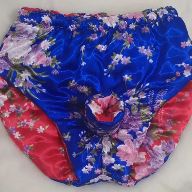 Men Sexy Glossy Soft Floral Silky Touch Briefs Filled Long Staple Cotton Sheath Underpants Warm Strings Anti static Costumes men briefs
