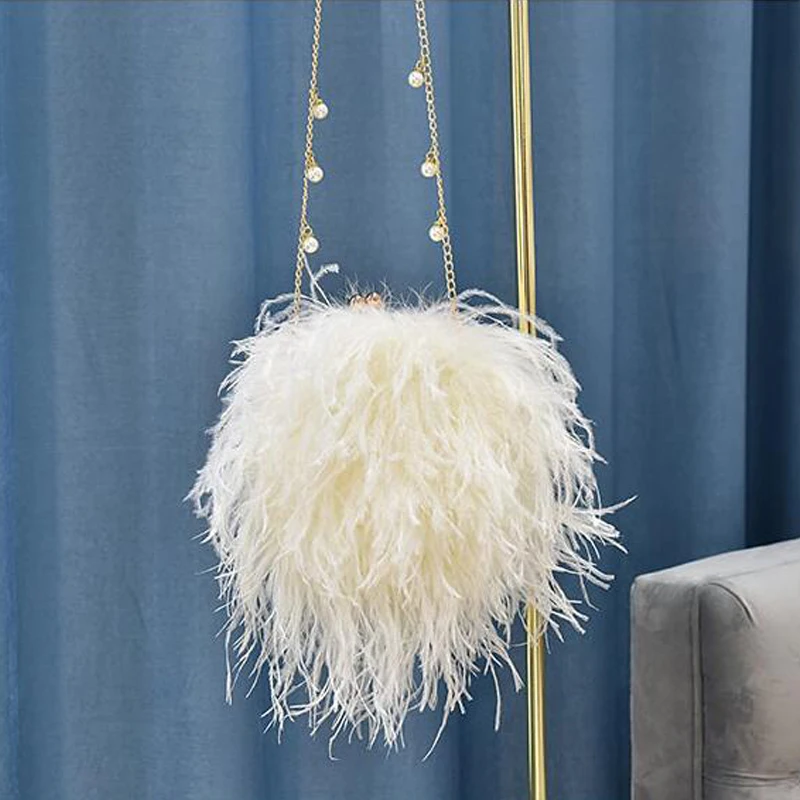 2022 Luxury Ostrich Feather Party Evening Clutch Bag Women Wedding Purses and Handbags Small Shoulder Chain Bag Designer Bag