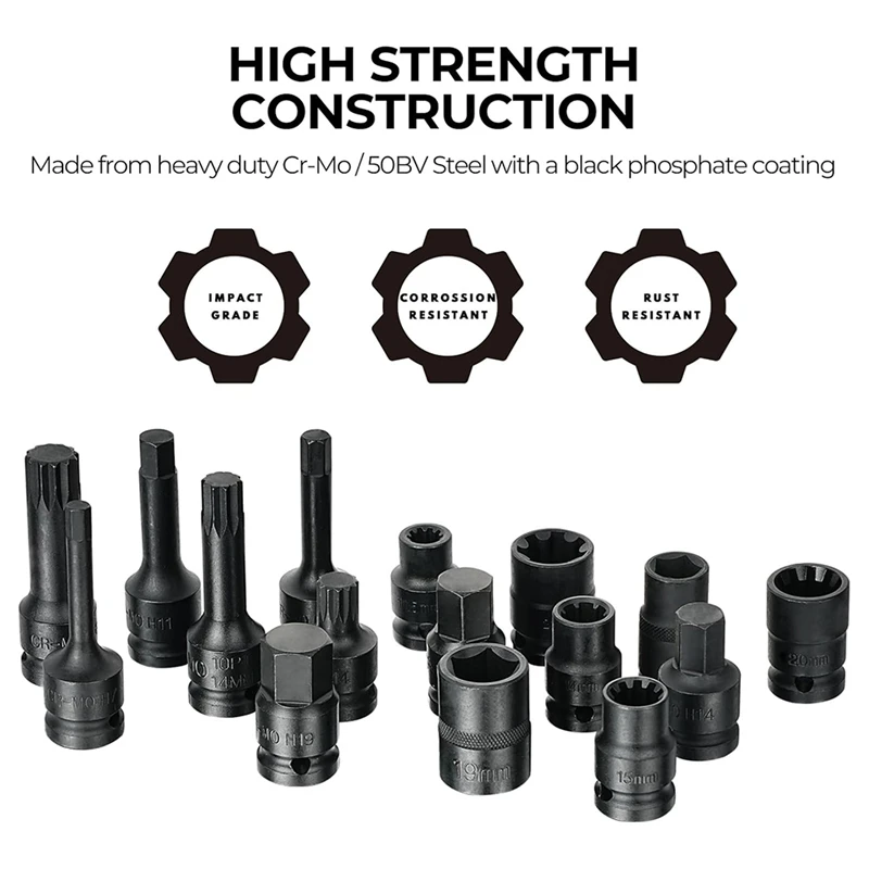 16-Piece Impact Brake Caliper Socket Tool Set , 1/2Inch Drive Brake Adjusting Tool For Porsche VW BMW Ford