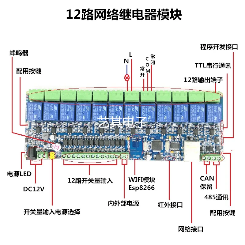 

New Modbusrtu 12-Way Output Input ESP8266 WiFi Network Port RS485 Communication Relay Can