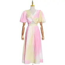 

SaintDaisy Prom Dress Two Piece Set Tie-dyed Low Back Alternative Puff Sleeves Wedding Brides Maid Pink Plus Size Criss-Cross