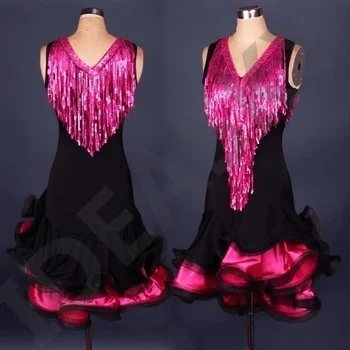 High quality lady V-neck sequins tassel Latin dance clothing adult Latin Rumba samba competition performance Ballroom dancewear