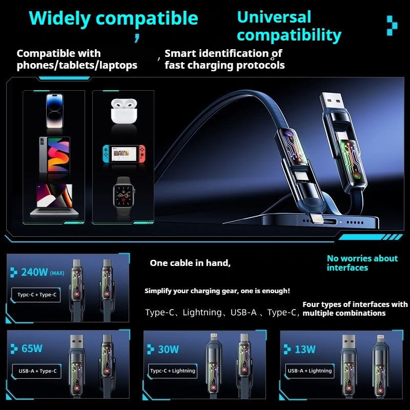 Eary 4 in 1 Fast Charging Cable 240W Multi Charger Cord with Type C/USB A/L Port for iPhone iPad Pixel Samsung Switch PS5 Tablet