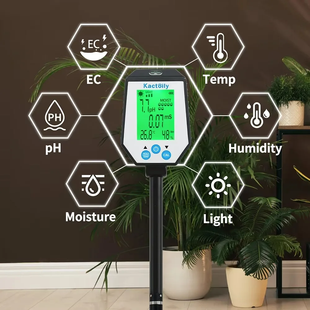 6-in-1 스마트 토양 pH 측정기 고정밀 0.01pH 정확도 LED 디스플레이 공장 직판 OEM