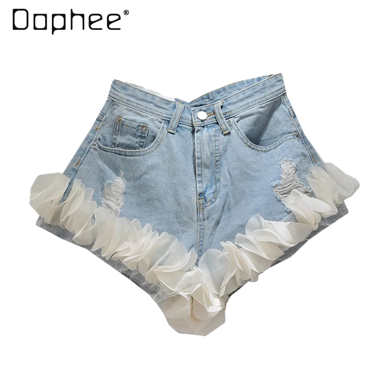 Sweet Women's Patchwork Petal Jean Shorts 2024 New Summer Streetwear High Waist Slim Wide Leg A- Line Light Blue Denim Hot Pants
