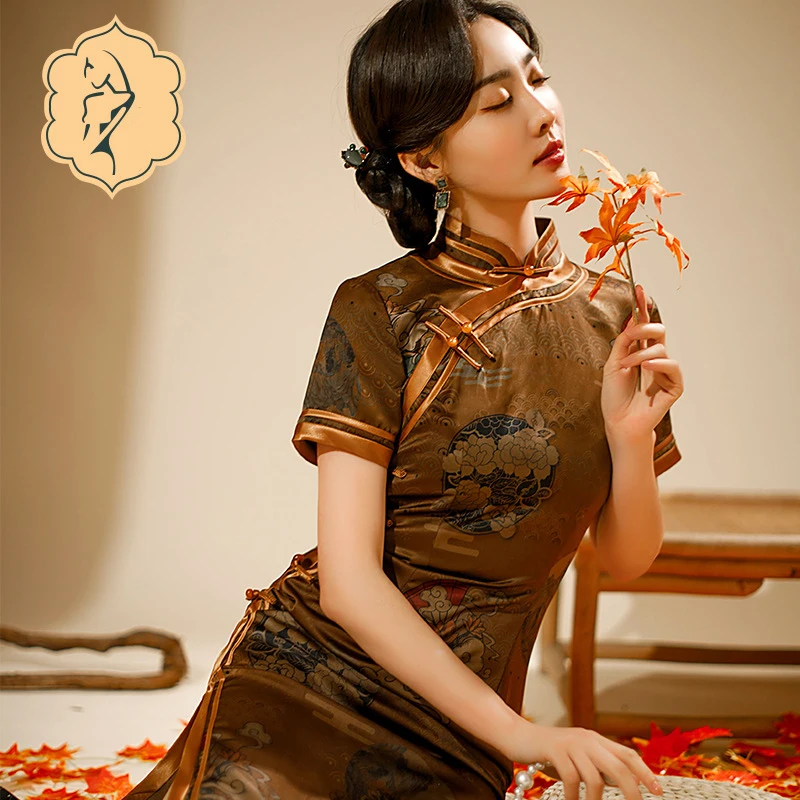 

Vintage Formal Qipao Asian Dresses Long Cheongsam Stand Collar Banquet Slim Dress Side Split Daily Chinese Traditional Vestidos