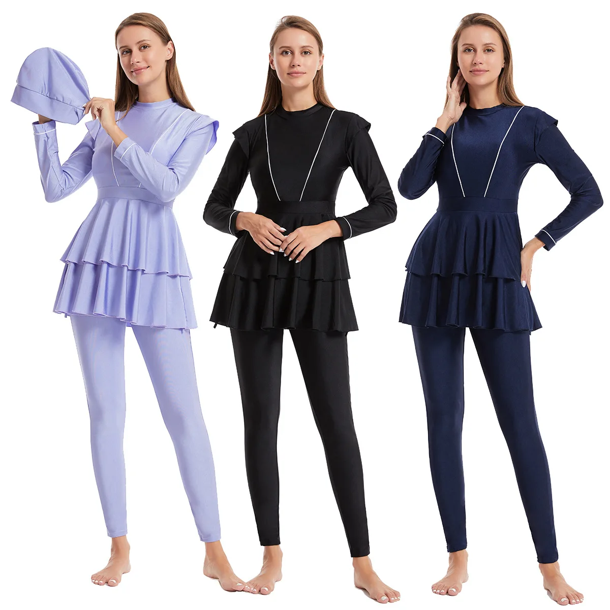 Modest Three Piece Sportswear Suit Muslim Swimwears with Nylon and Ruffles for Women in Southeast Asia Burkini Femme Musulmane