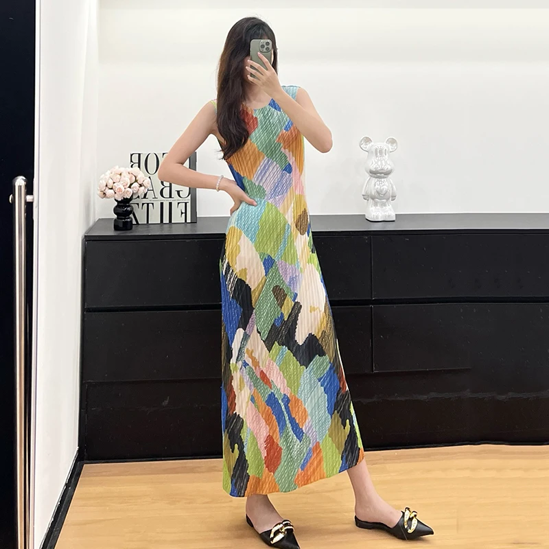 LANMREM Pleated Famale Clothing 2025 New Vacation Style Sweet Elastic Slim Sleeveless O-neck Printting Women's Dress 2DB3774 - Image 4