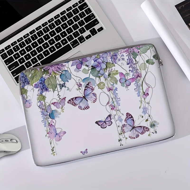 One piece set, two styles, purple butterfly pattern laptop bag and briefcase, suitable for 14 inch laptops