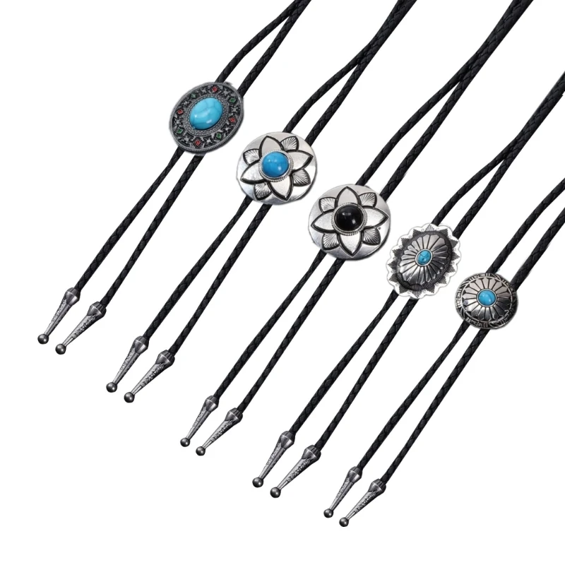 

5Pcs Vintage Bolo Tie Western Flower Stone Cowboy Pendant Shirt Chain Collar Necktie Leather Rope Jewelry Necklace