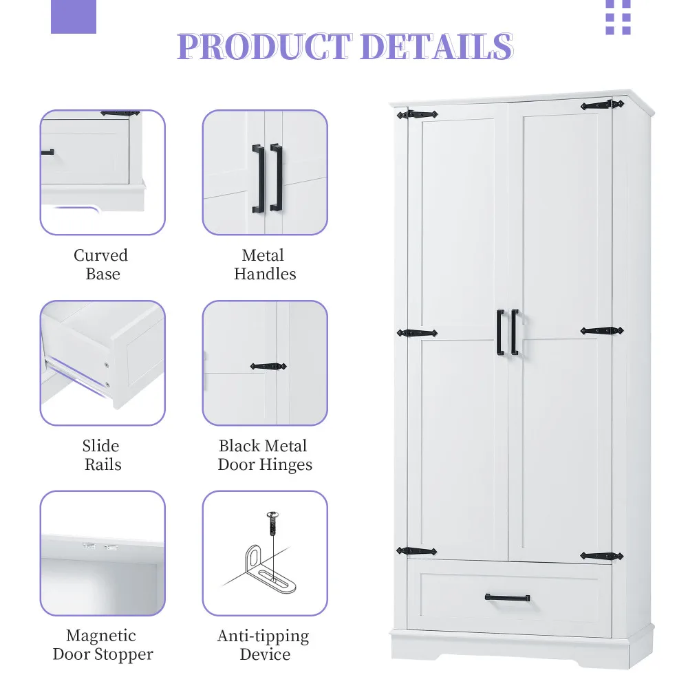 Tall Bathroom Storage Cabinet, Cabinet With Two Doors And One Drawer, Adjustable Shelf, MDF Board, White 6