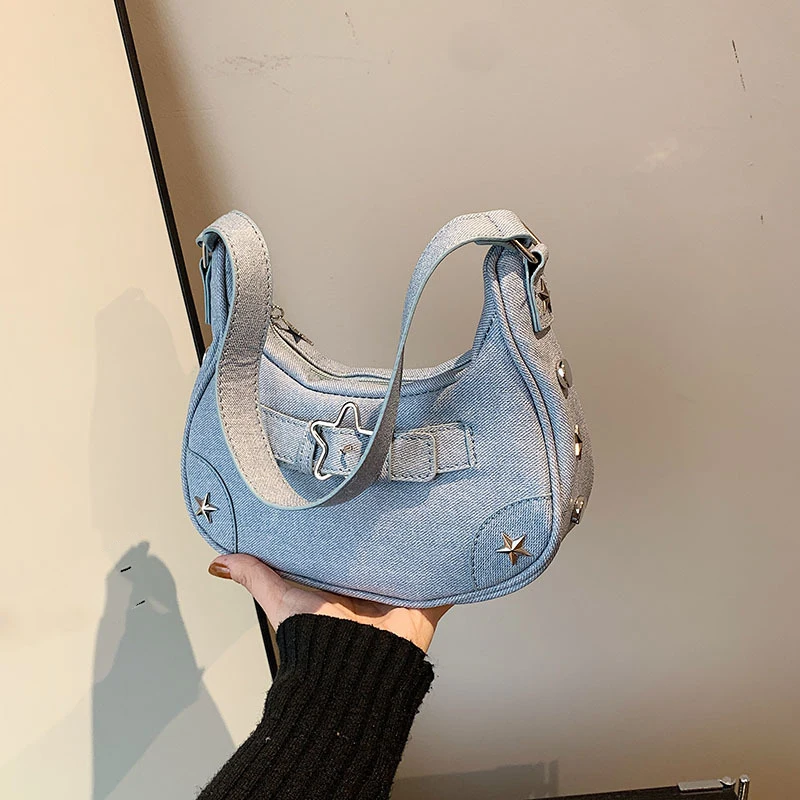 Women Shoulder Handbag Vintage Casual Hobos Denim Star Decor Solid Color Underarm Bag for Girls Ladies Purse Tote
