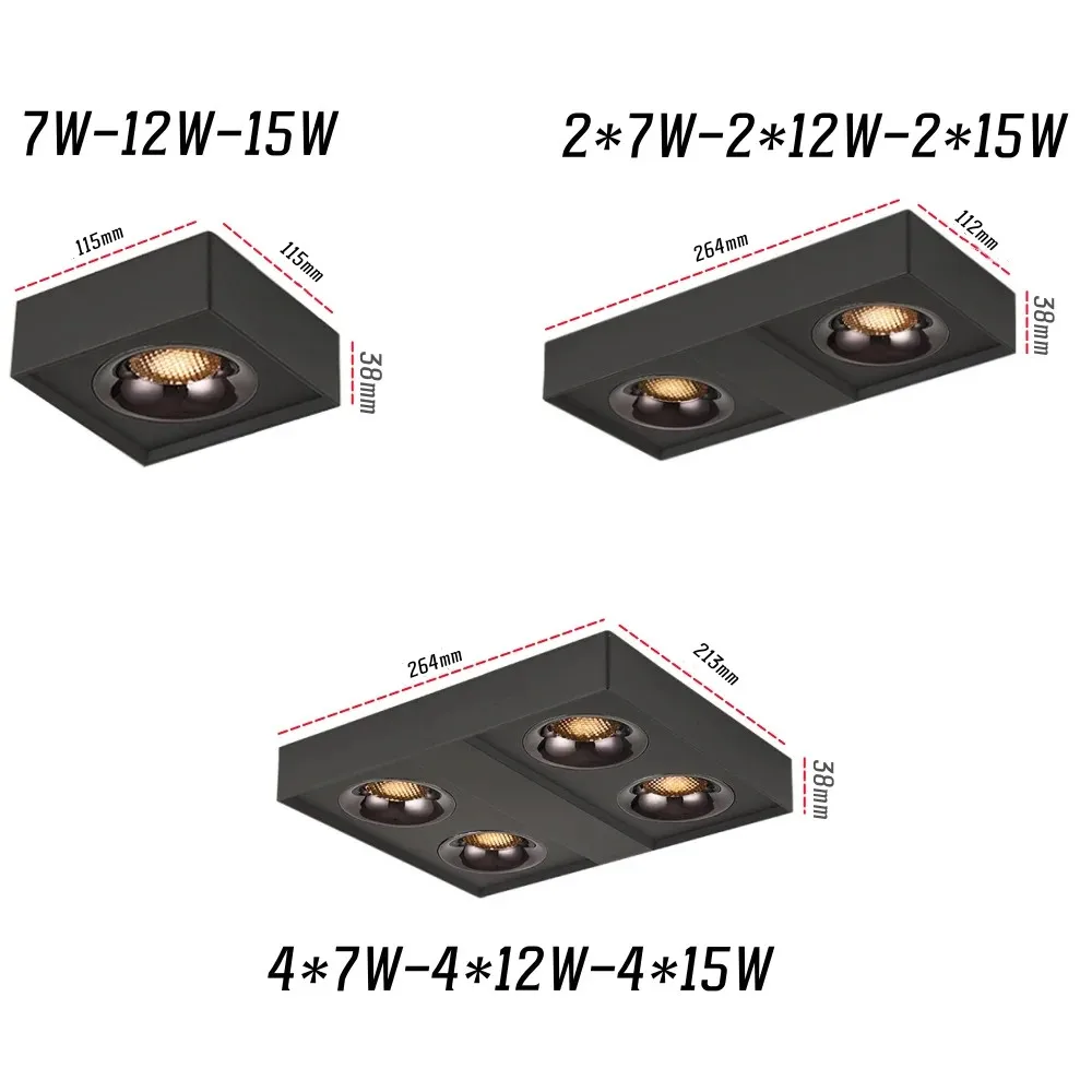 Square LED Ceiling light COB Spotlights Dimmable 12W15W 1-2-4 head chip Anti-glare Downlight Ceiling Lamp 85-265V Home business led downlight recessed ceiling spotlight ceiling lamps
