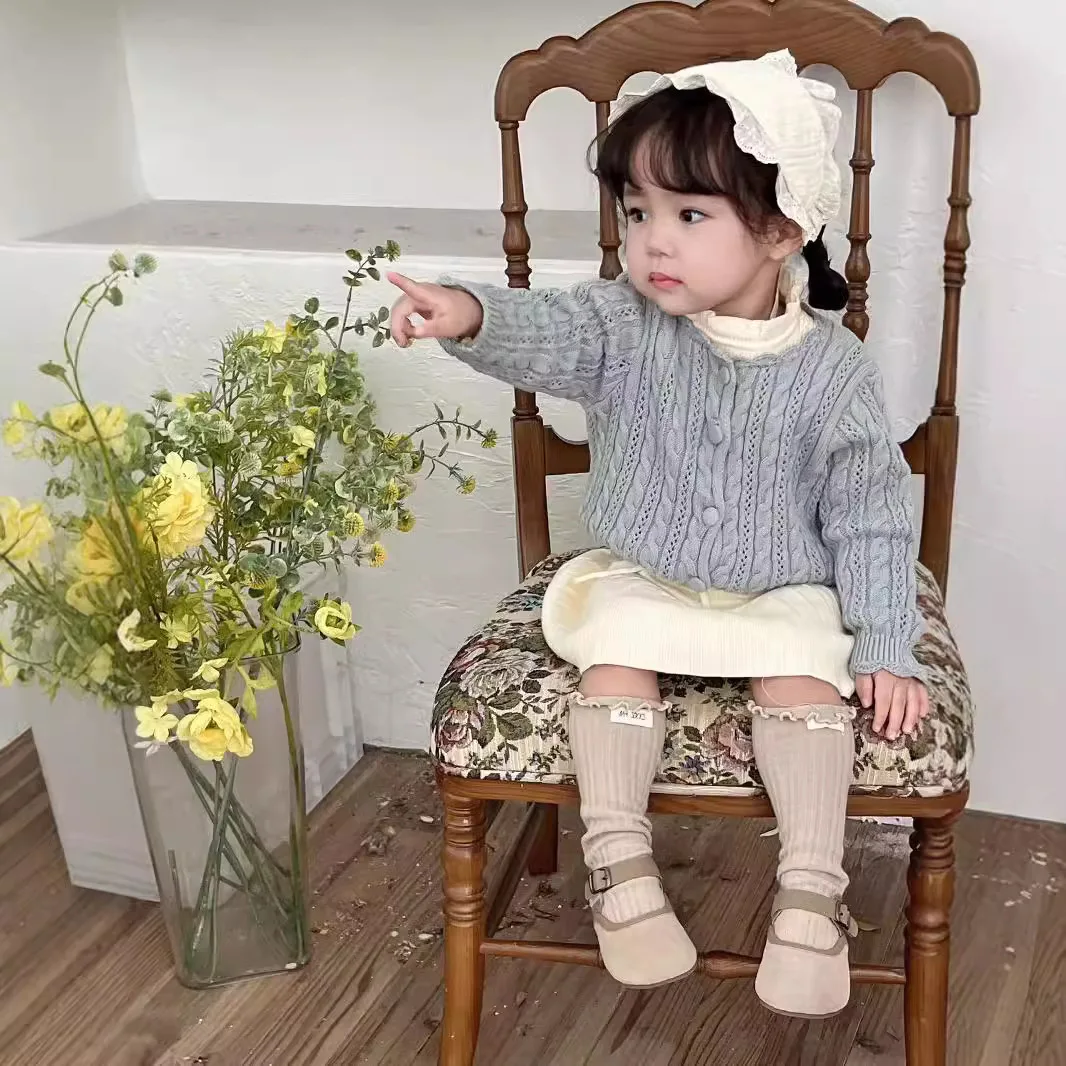2026 봄 캐주얼 아동 스웨터 핑크 케이블 니트 오픈워크 스캘럽 넥 가디건 (6개월4세 여아용) 부드러운 아동복