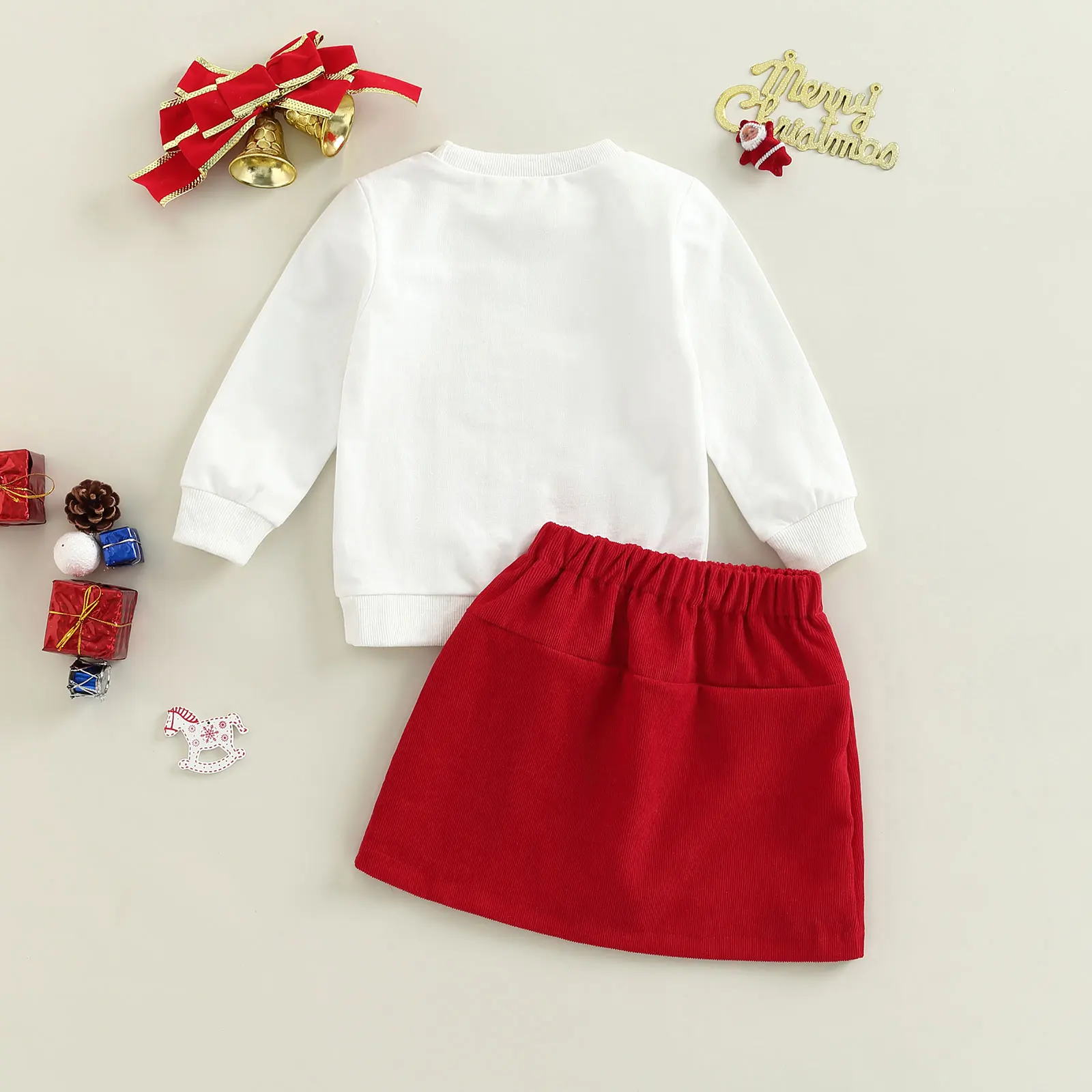 Citgeett Autumn Christmas Kids Toddler Girl Outfit Sets Long Sleeve Letter Print Pullover + Solid Color Button A-line Skirt Xmas