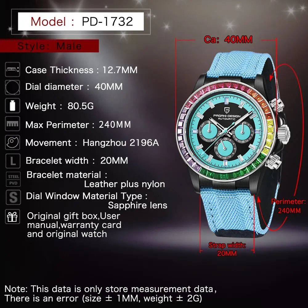 PAGANI DESIGN Top Luxury Rainbow Lap Mens Mechanical Watches Automatic Chronograph Watch For Men Sapphire Glass 100M Waterproof