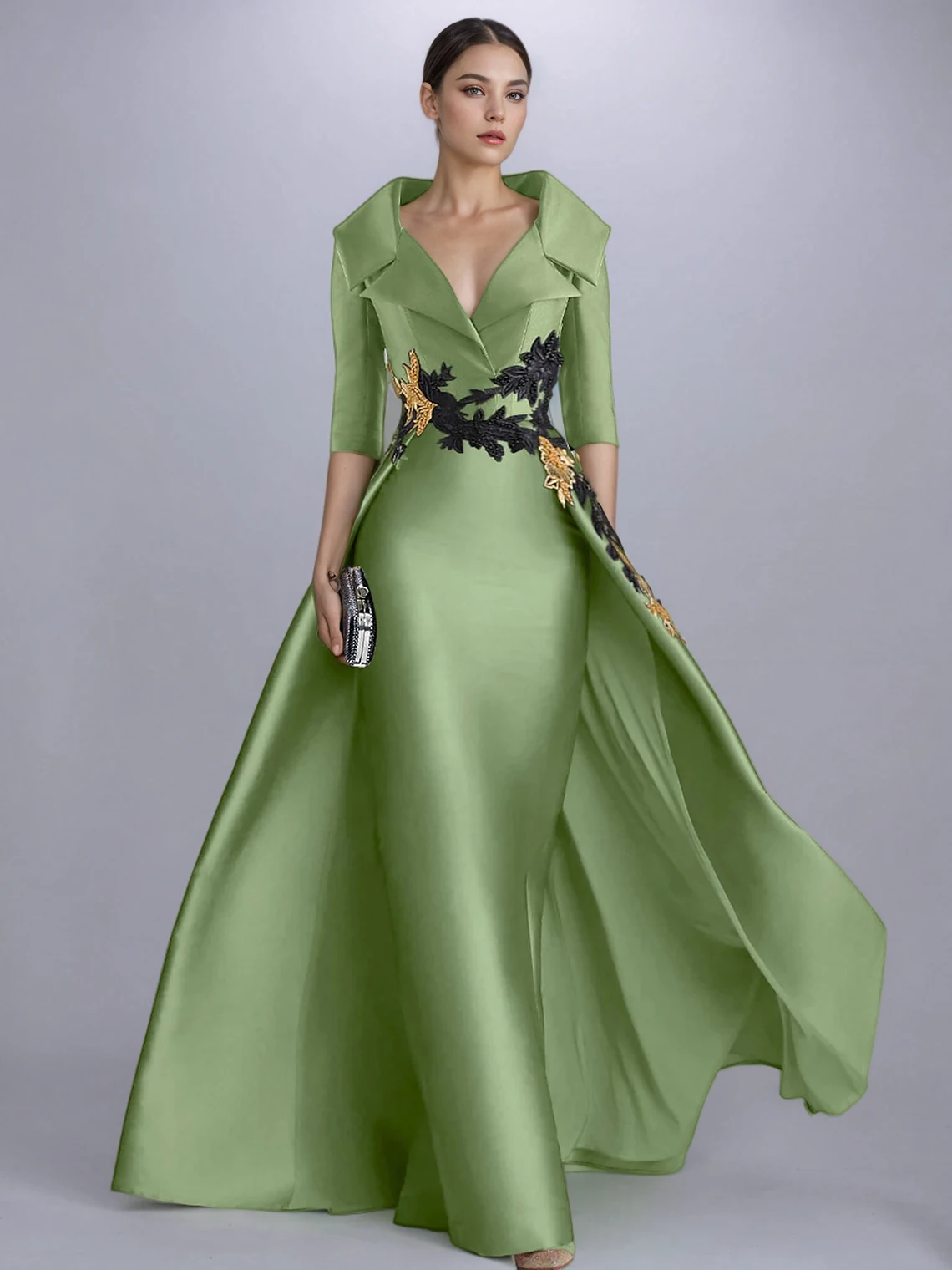 Embroidered Evening Gowns Elegant Dresses Formal Shirt Collar Satin Applique | eBay Embroidered Evening Gowns Elegant Dresses Formal Shirt Collar Satin Applique | eBay