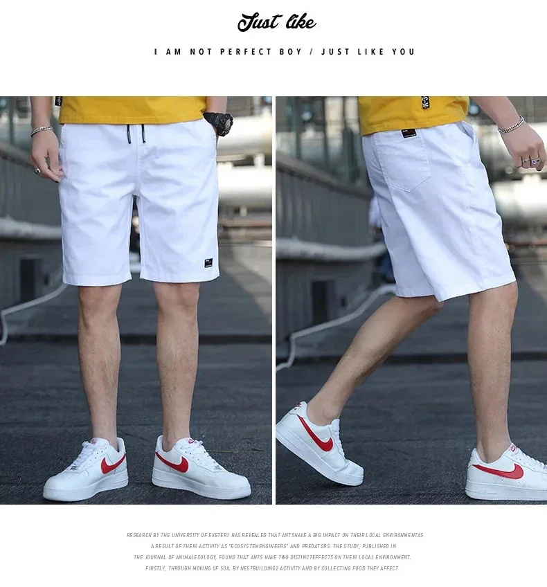 Description Picture 5 of itemSolid Color Elastic Waist Bermudas Male 2024 Trends Men Trousers Pure Cotton Summer Shorts Men Casual White Shorts Solid Color