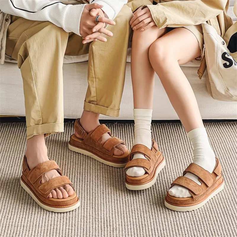 2024 Men Cowhide Non-Stuffy Feet Fashion Sandals Summer New Couple Thick Bottom Increased Super Soft Outdoor Slippers Women 3