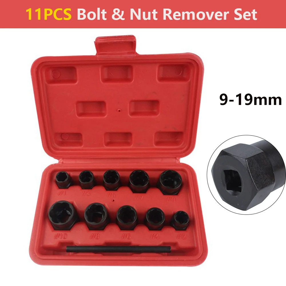 

11pcs 9-19mm Nut Bolt Stud Extractor Twist Socket Set with Case Wheel Locking Nut Removers Grip 'n' Twist Socket Set