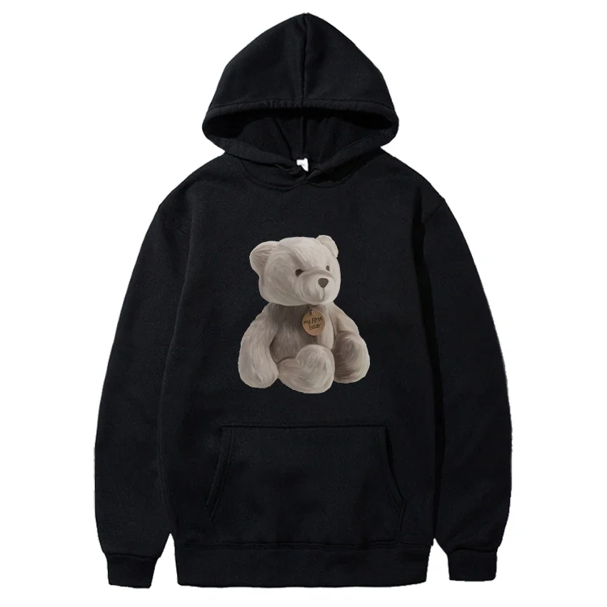 

Мужской пуловер с круглым вырезом, толстовка с капюшоном и принтом медведя серого цвета, повседневный Свободный свитшот с утепленным длинным рукавом, Осень-зима 2024