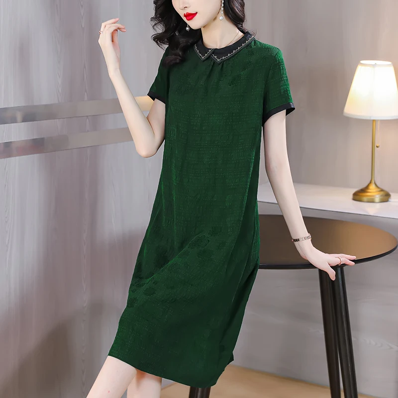 

2023 New Fashion Solid Color Silk Dress Women's Summer Elegant Retro Versatile Loose Fit Casual Holiday Dress Vestidos