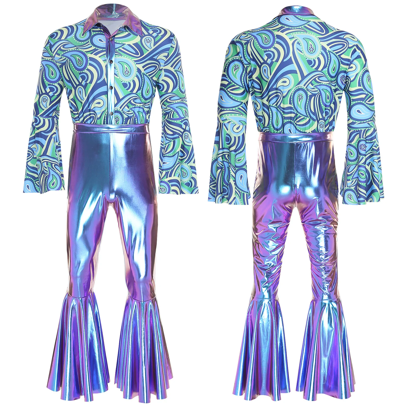 Men Halloween 70-80s Disco Hippie Cosplay Performance Costume Flare Sleeve Printed Metallic Shiny Bell-Bottom Jumpsuit Clubwear - 3