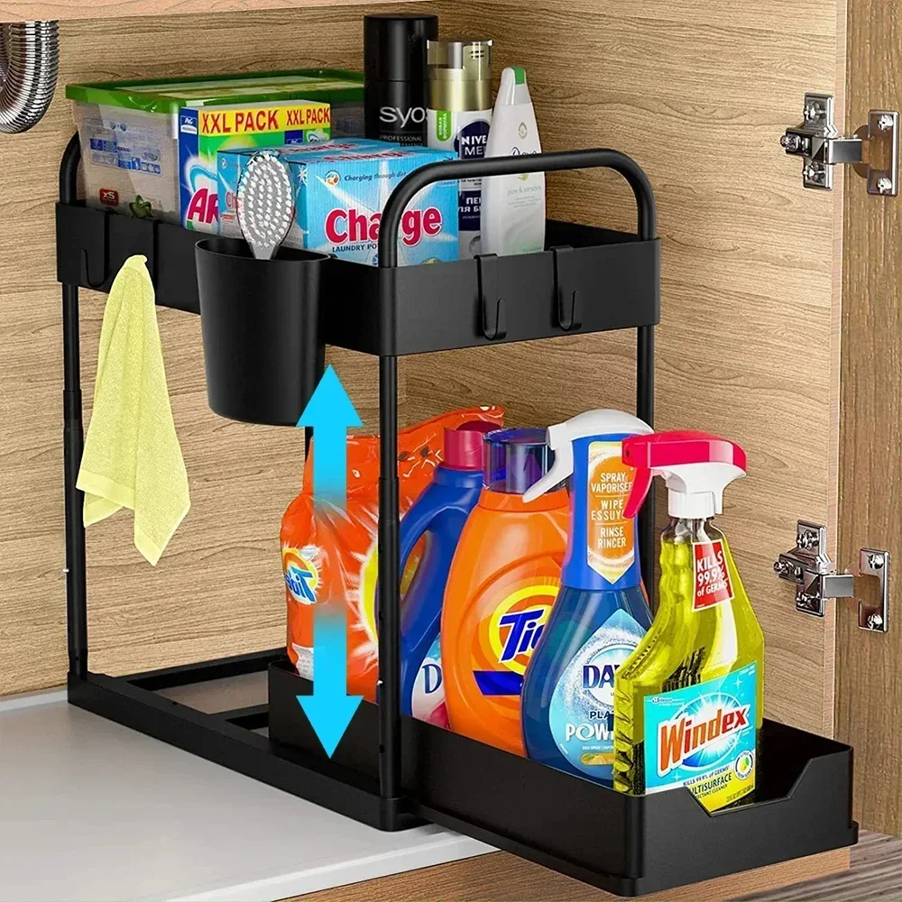 

With Basket Drawer Under Kitchen Organizers Sink Organizer Height Sliding Cabinet Multi-purpose Adjustable