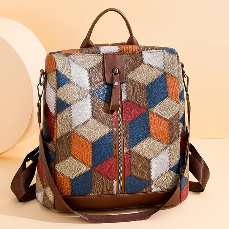 Fashion Plaid Backpack Women Soft PU Leather Daypack Female Large Rucksack Travel Bag Ladies Bagpack Big School Backpack for Gir