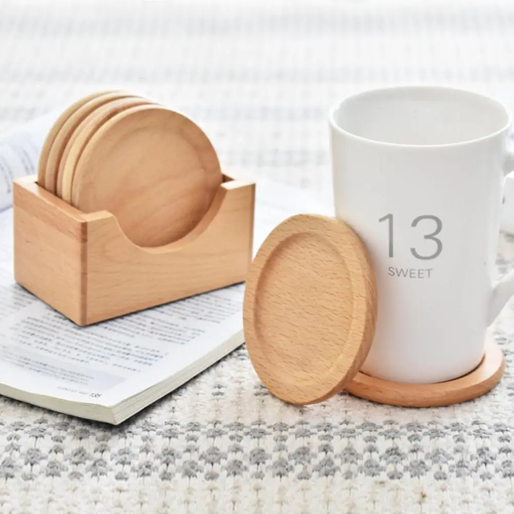 

Natural Wood Cup Holder Japanese Style Wooden Coaster Set with Storage Box Non-slip Heat-resistant Kitchen Supplies for Coffee