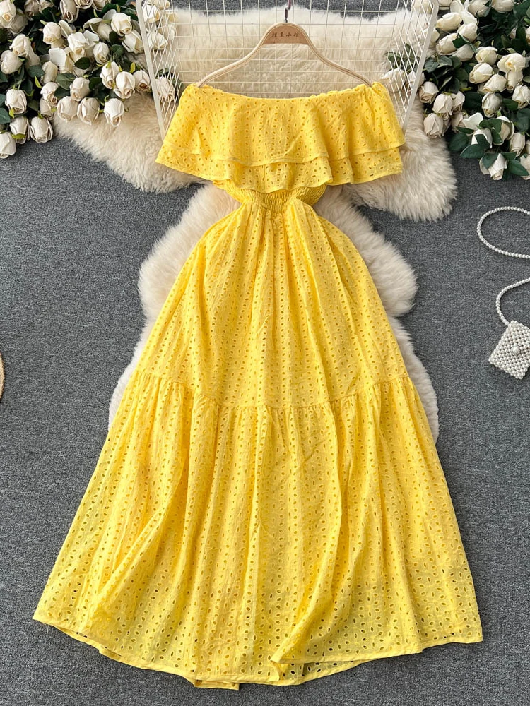 

Женское длинное платье с вырезом лодочкой, Элегантное открытое пляжное платье во французском ретро-стиле с открытыми плечами и листьями лотоса, лето