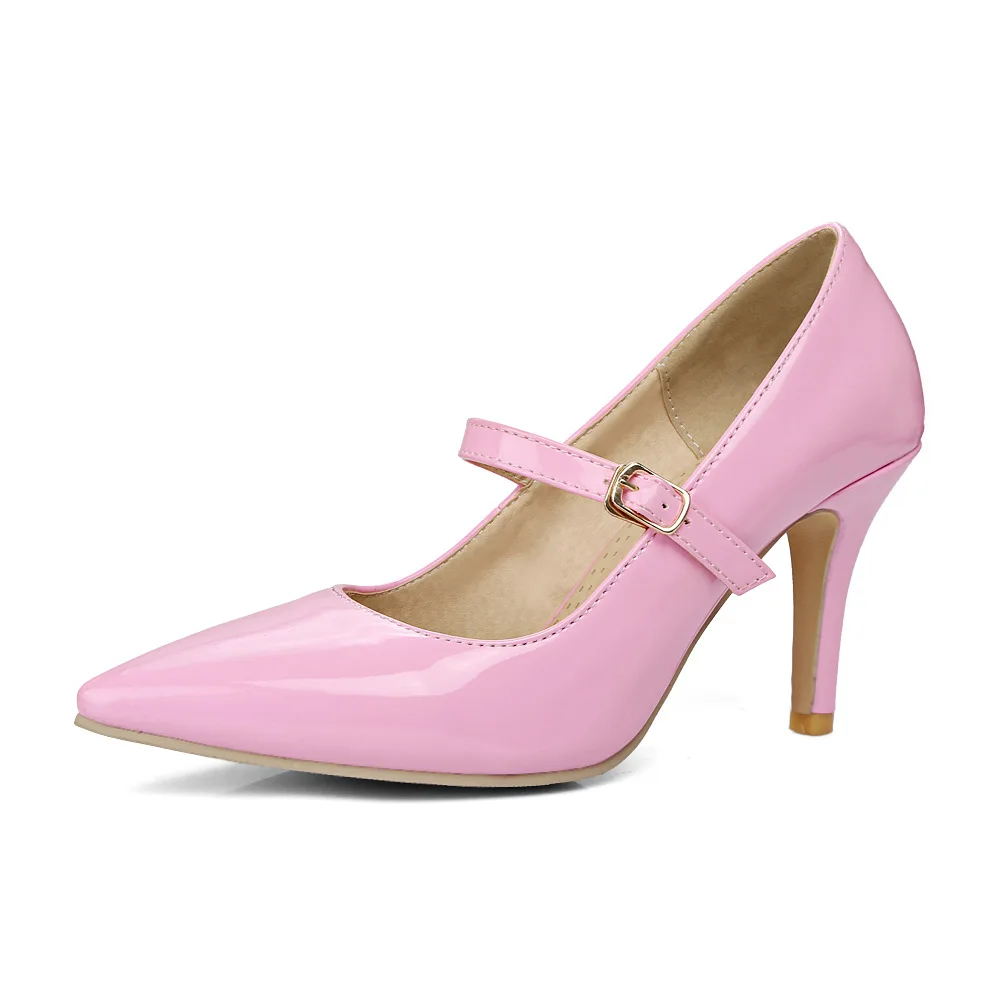 New Simple Style Handmade Womens Stiletto Heels Pumps Mary Janes Patent Leather Big Size From 34-52 Evening Party Fashion Shoes