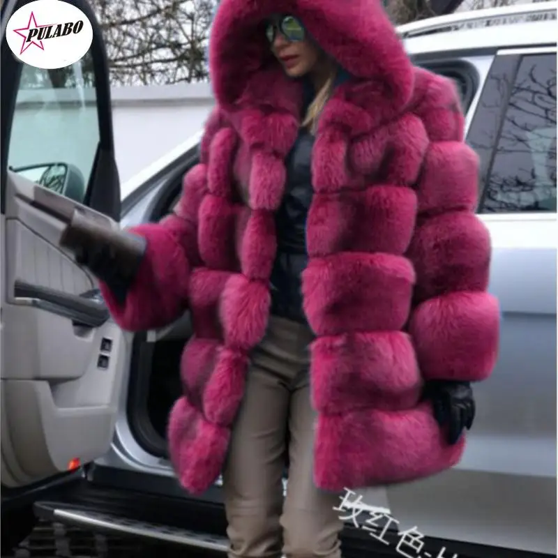 

PULABO Elegant Faux Fox Fur Coat Women Winter Fashion Medium Long Artifical Fox Fur Coat Lady Warm Fake Fox Fur Coats Female