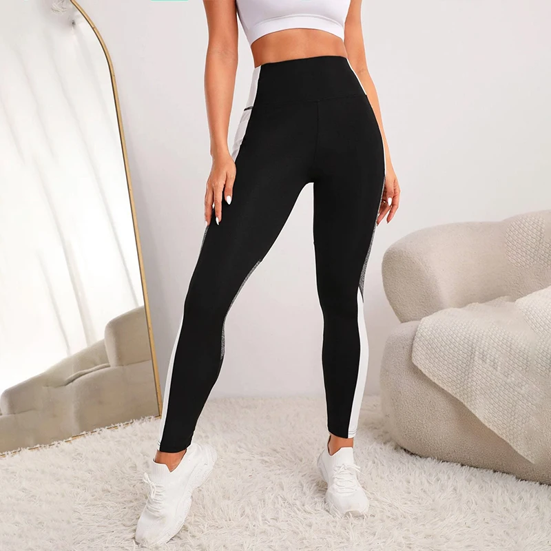 Colorblocked High Waist Yoga Pants with Pockets Leggings for Women Tummy Control Workout Leggings for Women