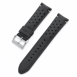Vintage Matte Leather Racing Watch Straps - Gray, Black, Brown Porous and Breathable Men’s Watchband - 22mm (Black - Silver)