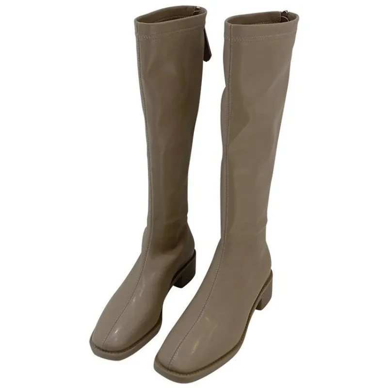 Autumn Winter Women's High Boots Fashion Soft Leather Black Long Boots Ladies Comfort Knee High Boots Thick heeled high boots