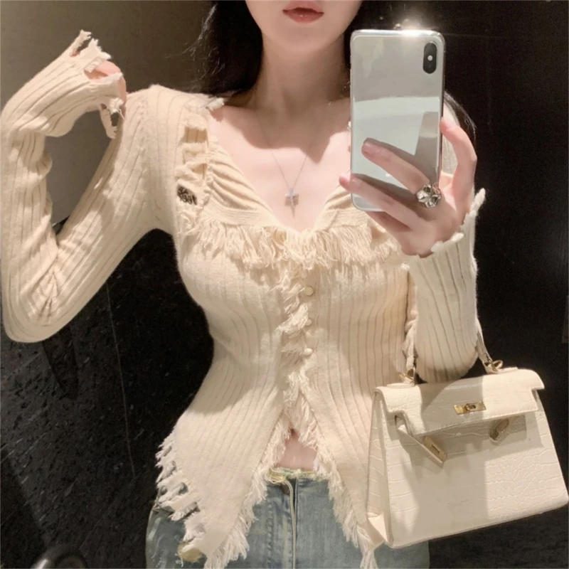 

Women V-Neck Button Up Cropped Cardigan Frayed Tassels Knit Fit Sweater Top N7YF