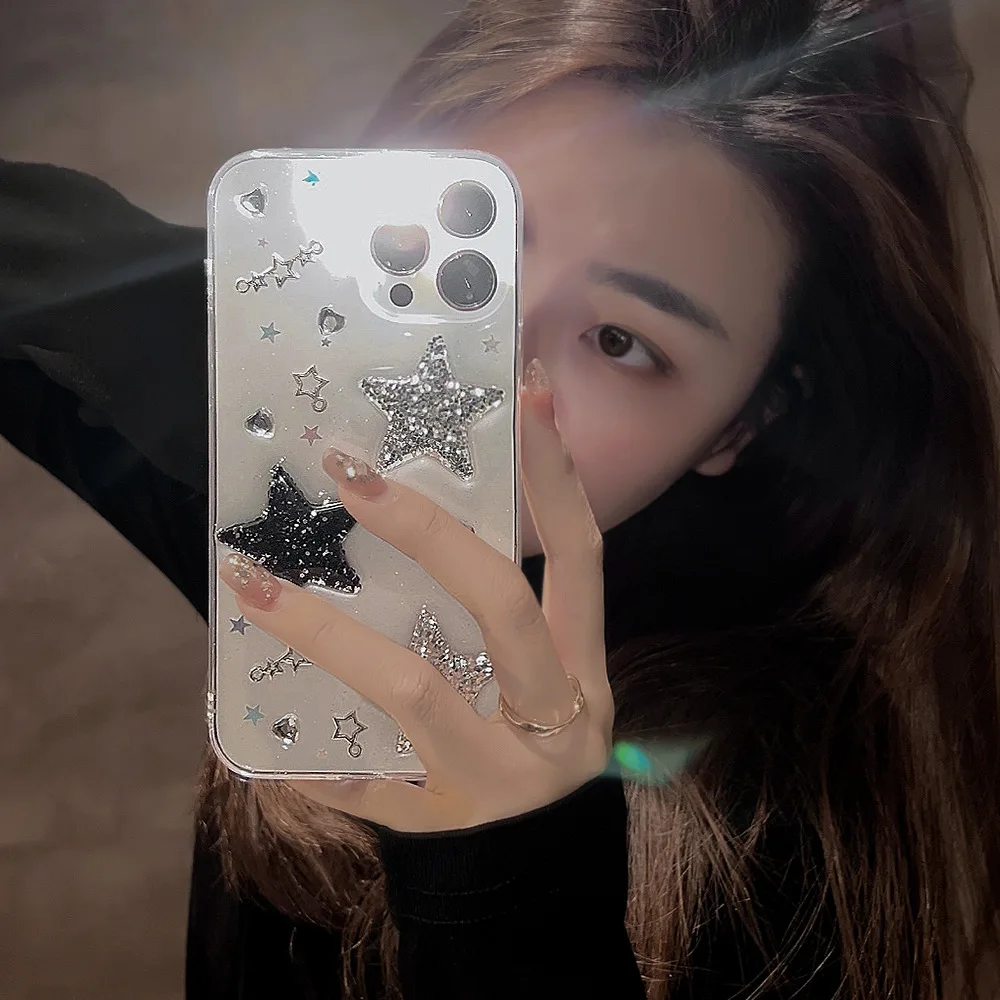 Starry Glitter Phone Case: Transparent Black with 3D Stars and Rhinestones