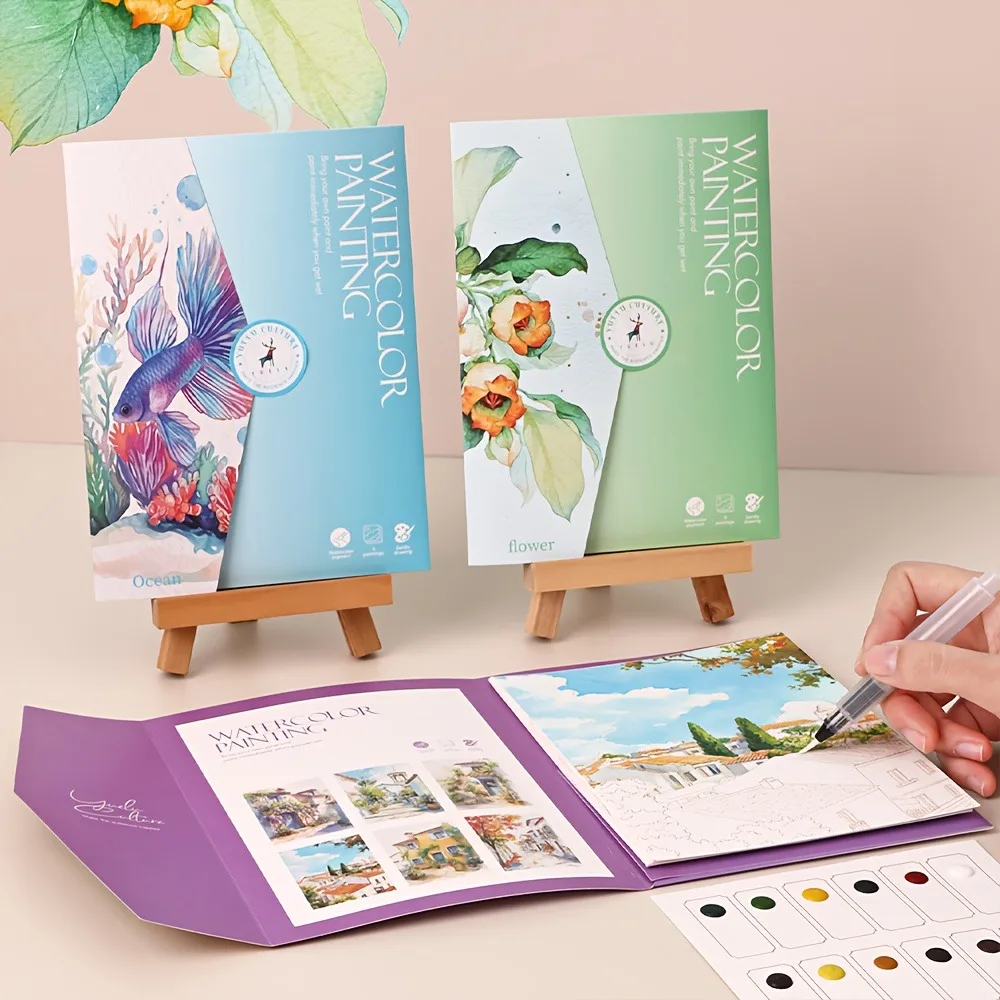 Kit per pittura ad acquerello, libri di disegno lineare con motivi multi-tematici, include carta per acquerello, cartella colori per progetti artistici