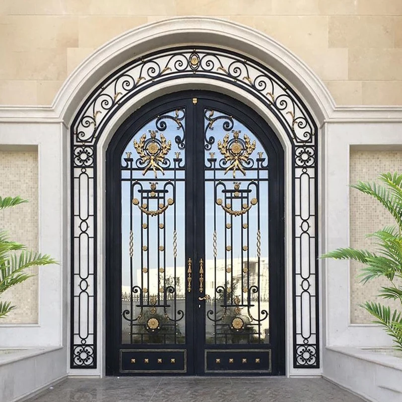 Villa High-end Luxury Factory Sell Custom Forged America European Craft Glass Security Double-open Iron Steel Entrance Gate Door 4