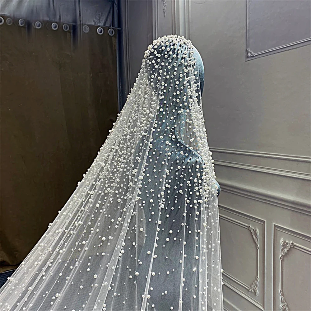 

NZUK Luxury 1 Tier Long Wedding Pearl Veil with Different Size of Pearls Delicate Nail Bead Veu Cathedral Bridal Veil