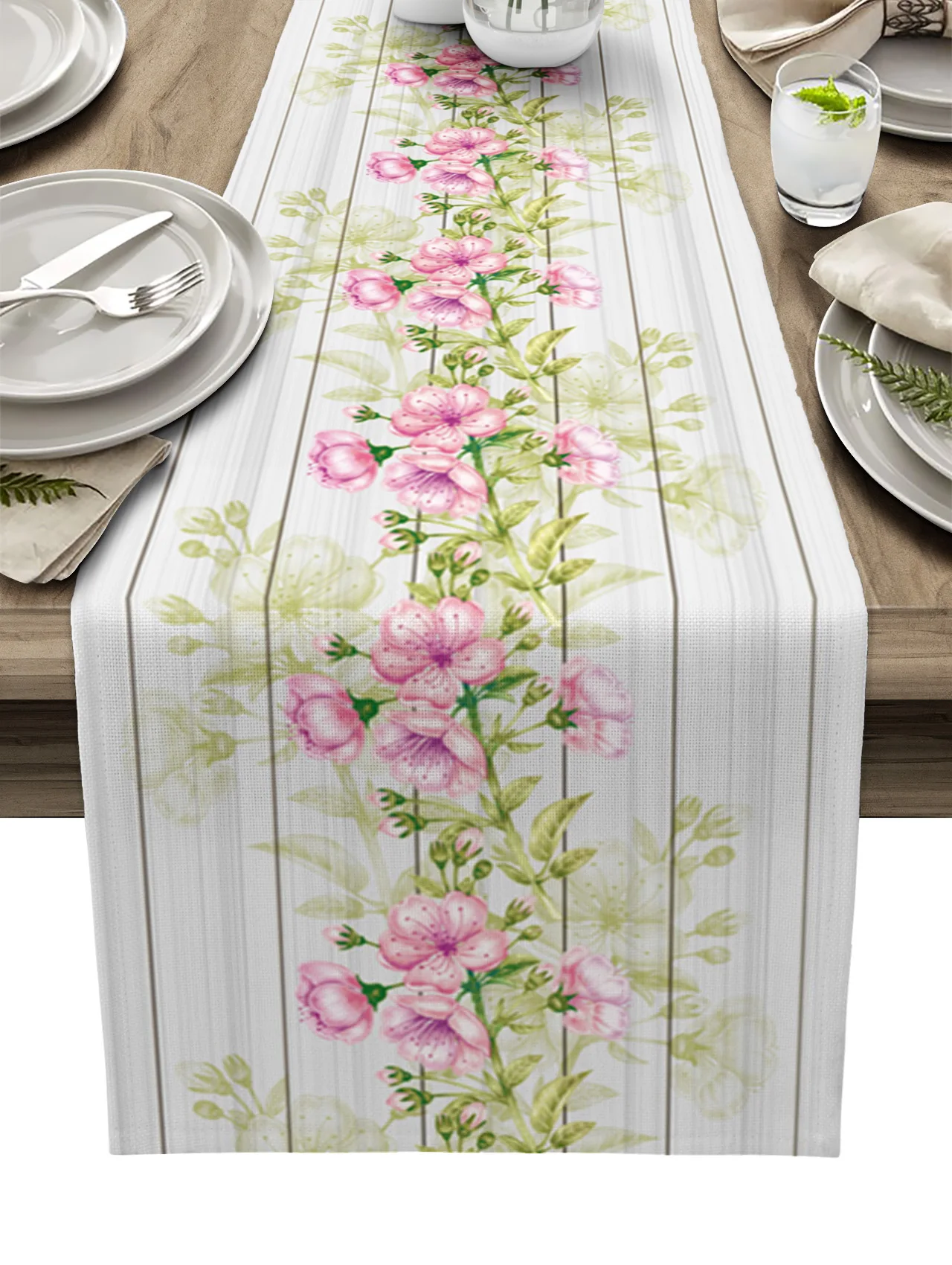 

Wood Grain Spring Plant Cherry Blossom Linen Table Runner Kitchen Table Decoration Dining Tablecloth Wedding Party Decor